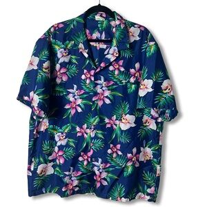 Jade Fashions Made in Hawaii Aloha Shirt Orchid Floral Navy Blue VTG 90s Sz. XL